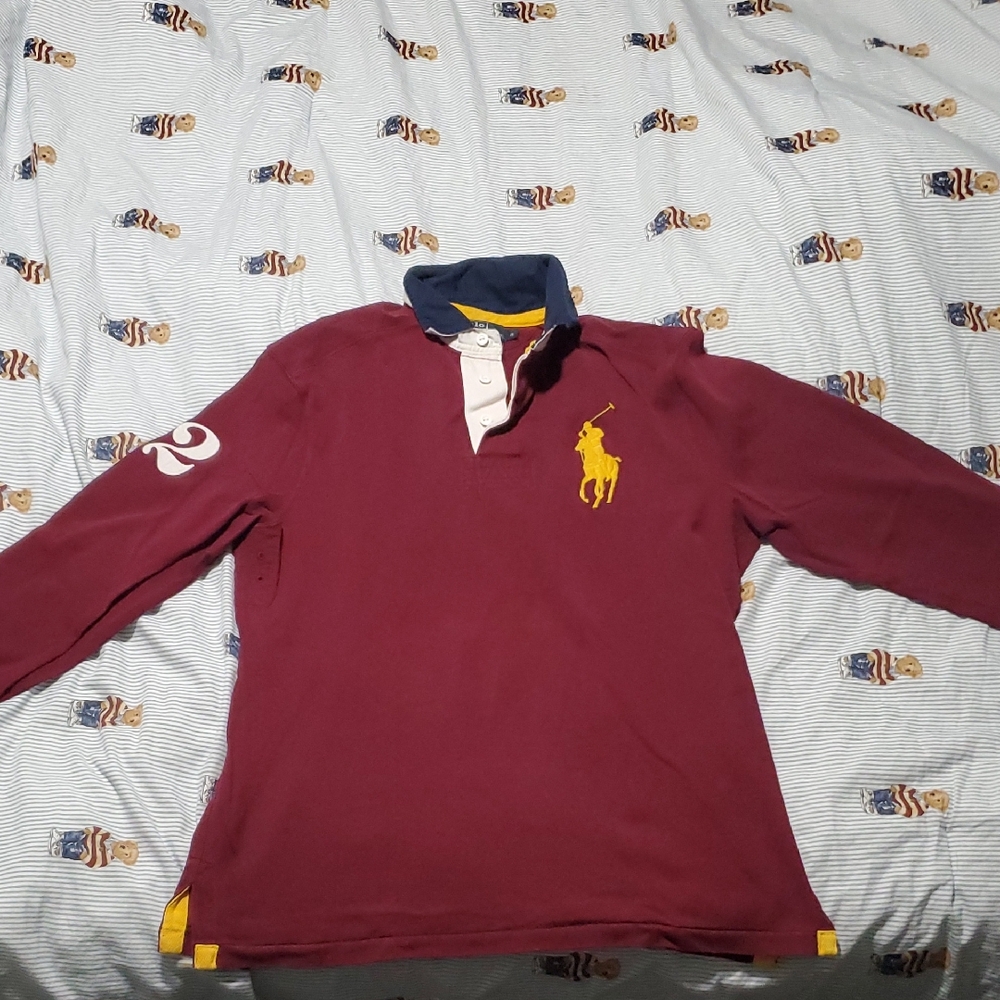 Ralph Lauren Maroon Long Sleeve Polo with Yellow Accents Sz Small